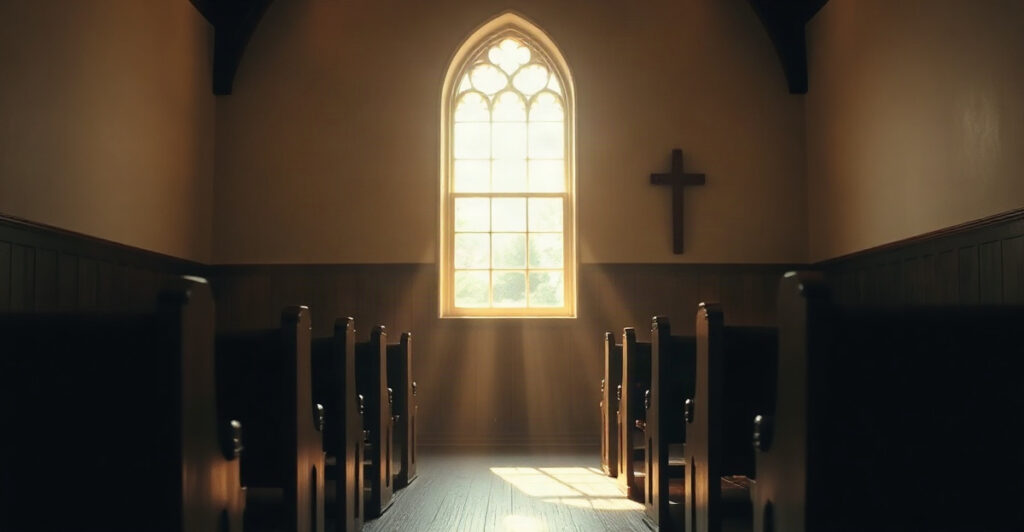 Interior de iglesia con luz suave, versículos para dar la bienvenida en la iglesia