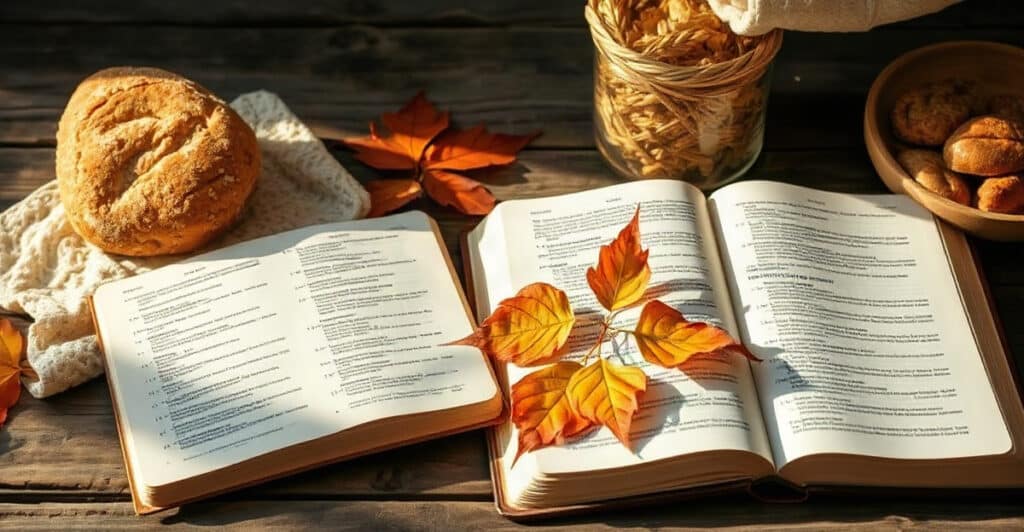 Mesa rústica con pan, trigo, hojas de otoño y una Biblia abierta, luz cálida