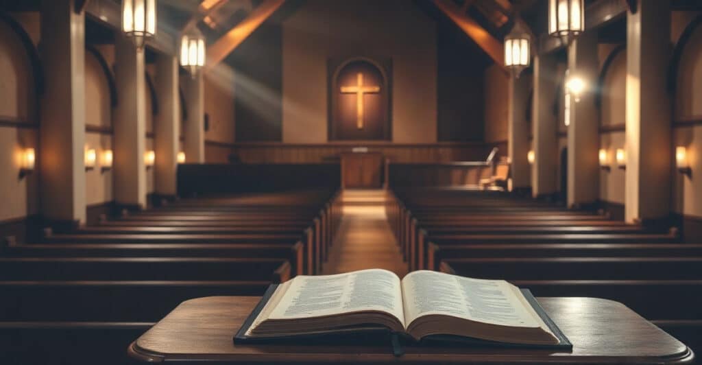 Santuario vacío al amanecer con una Biblia abierta en el atril
