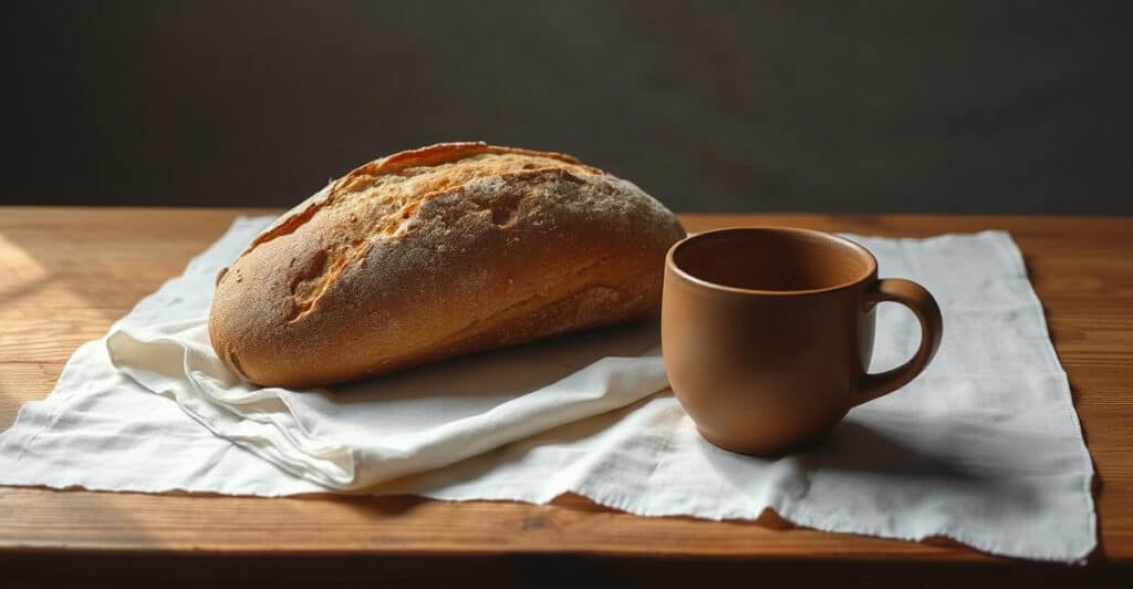 Un pan sencillo y una copa de barro sobre un paño blanco en una mesa de madera