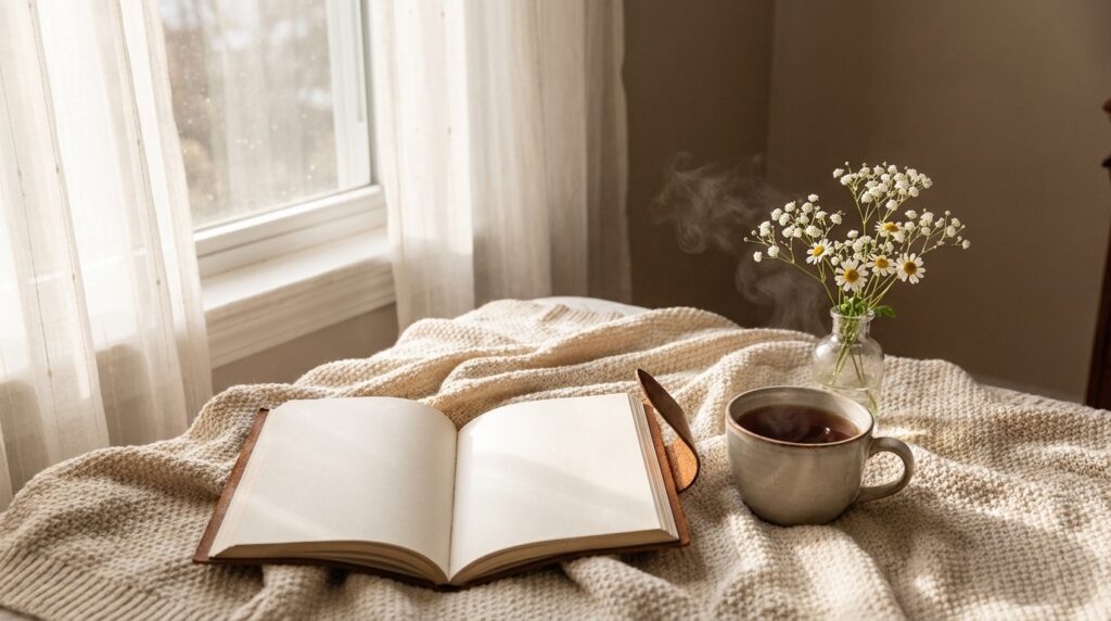 Biblia abierta con té y flores blancas, versículos para mujeres en la mañana