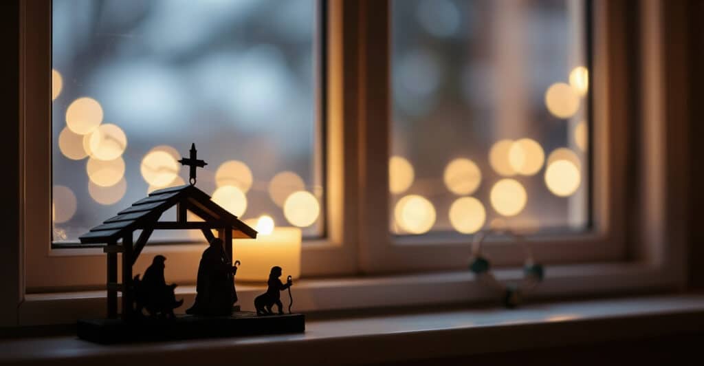 Silueta de un pesebre en una ventana con luz de velas y luces de fondo