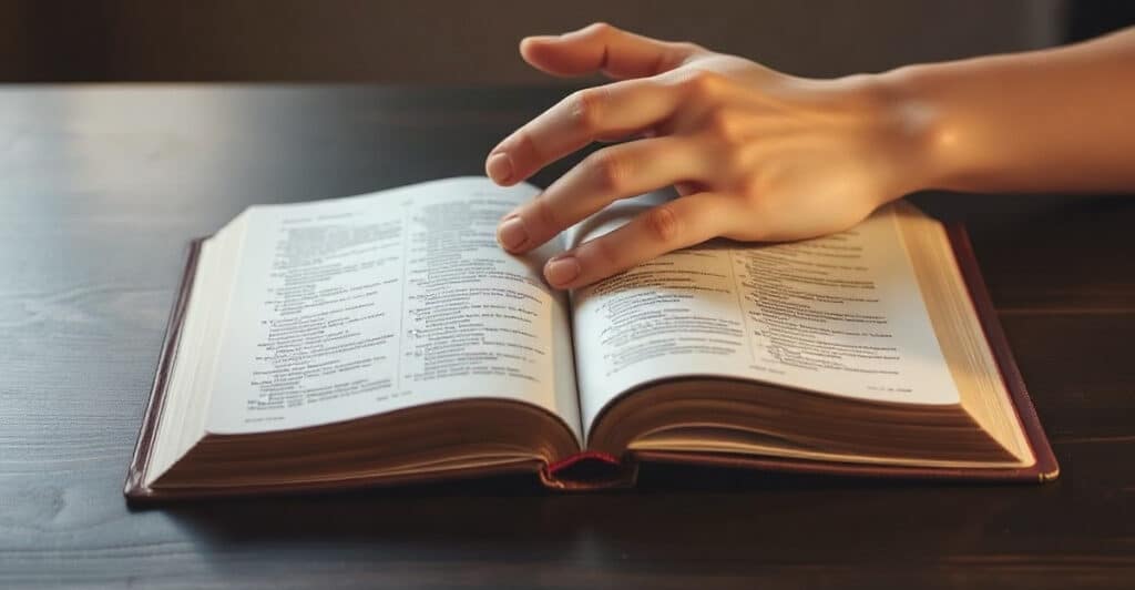 Dos manos juntas sobre una Biblia abierta en una mesa oscura, luz cálida